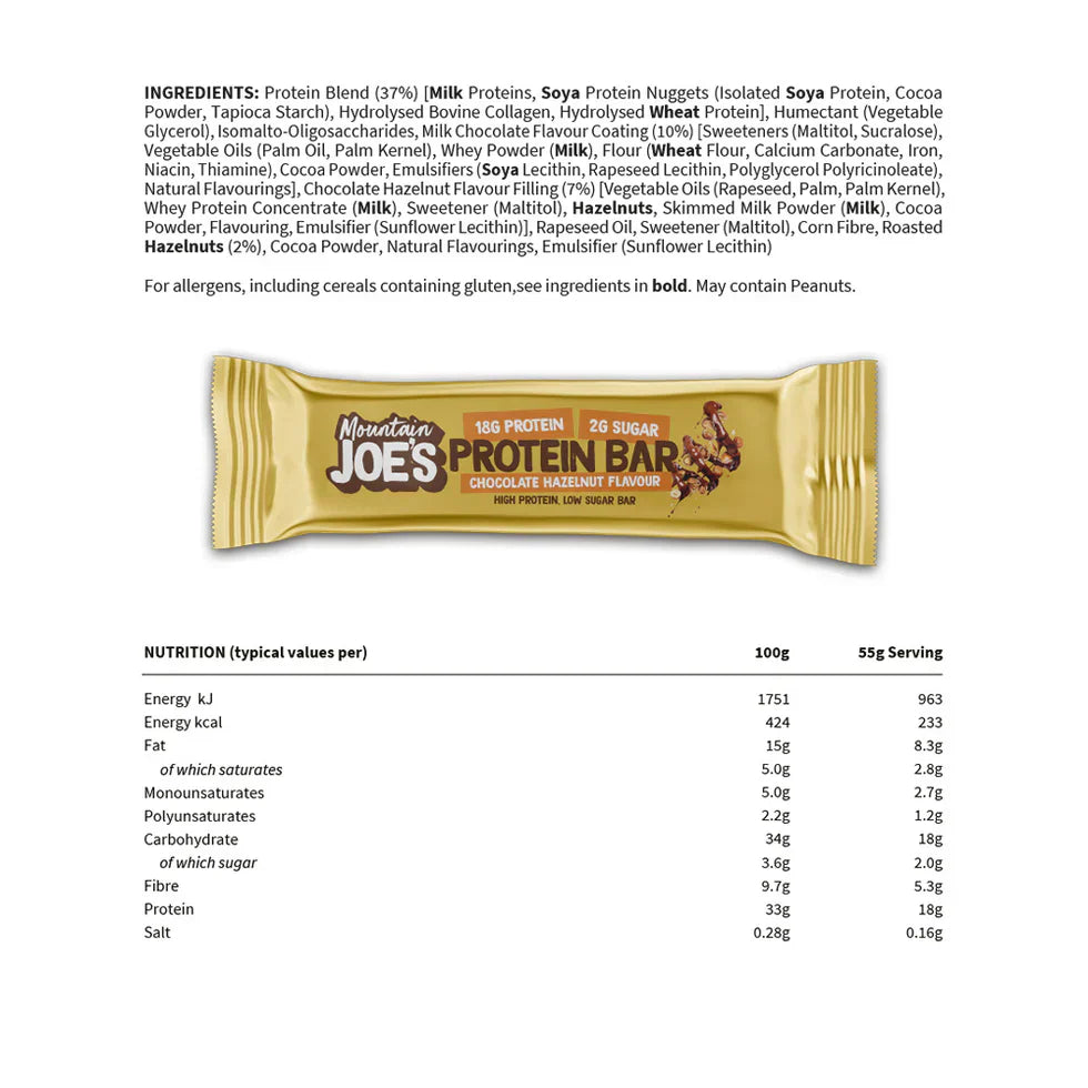 Mountain Joe's Protein Bar - 12 x 55 g Chocolate Hazelnut