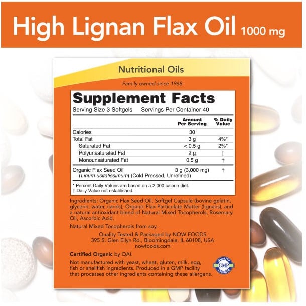 NOW Foods NOW1780 High Lignan Flax Oil Organic - 120 softgels